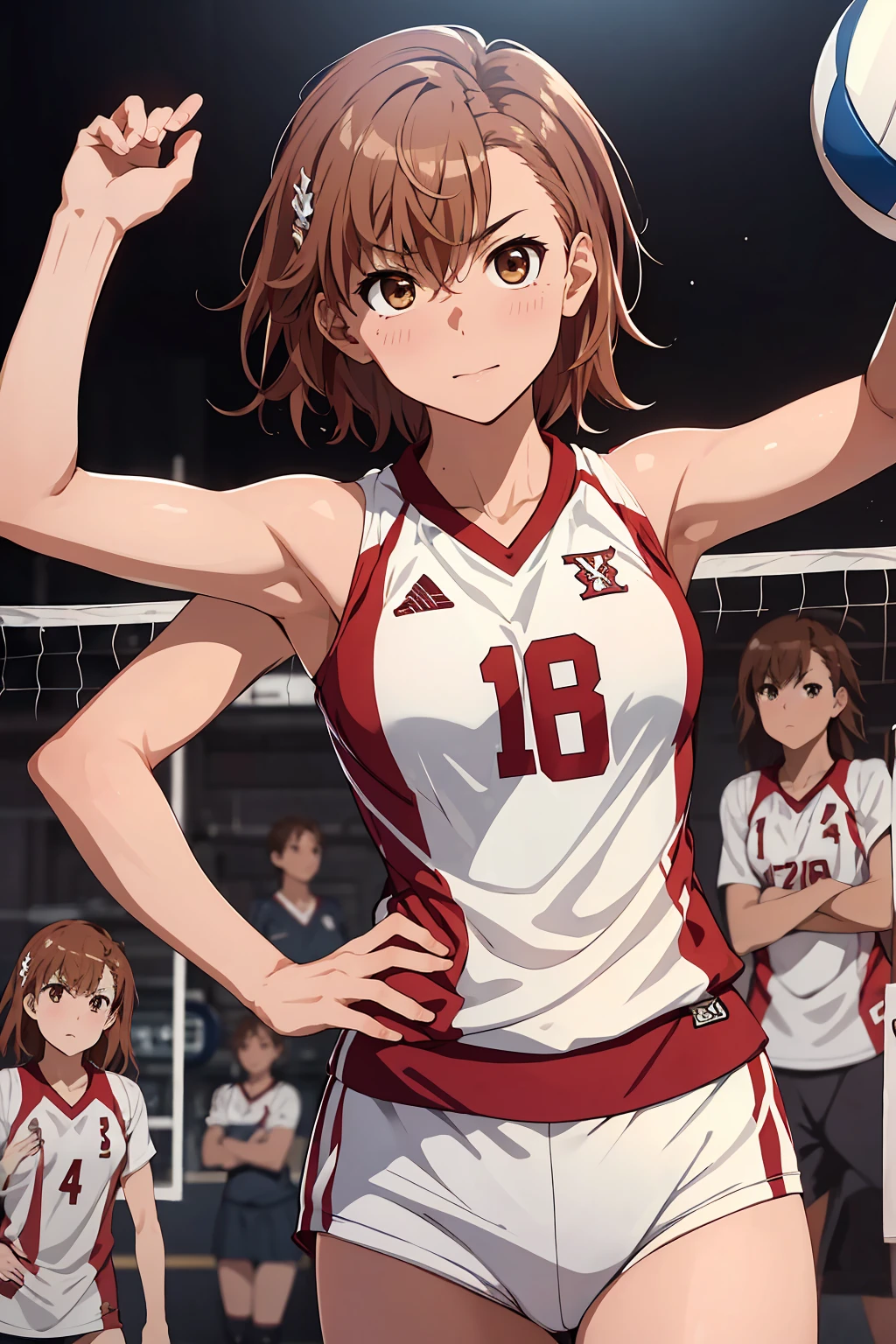 (Highest quality:1.5, High resolution, uhd, 4K, Detailed lighting, Shaders), ((Misaka Mikoto)) ,solo short hair Brown Hair Brown eyes Cool face ((Volleyball Uniforms))++ Realistic gym Sweat Super oily skin Preparing for exercise No ball ((No sleeve)) Cowboy Shot