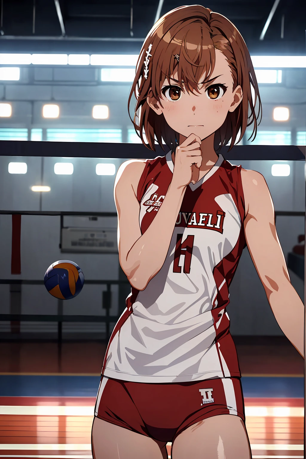 (Highest quality:1.5, High resolution, uhd, 4K, Detailed lighting, Shaders), ((Misaka Mikoto)) ,solo short hair Brown Hair Brown eyes Cool face ((Volleyball Uniforms))++ Realistic gym Sweat Super oily skin Preparing for exercise No ball ((No sleeve)) Cowboy Shot