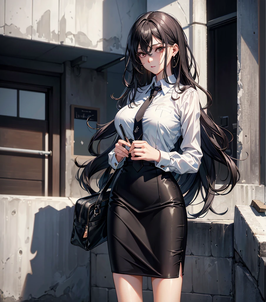 ((((absurdres, RAW photo, extremely delicate and beautiful, masterpiece, Best Quality, ultra high resolution, 32k, hyperrealistic, ultra-detailed)))), in her 20s, very Slim body, narrow waist, very small head, very small face, delicate facial features, beautiful face, beautiful eyes, ((very huge round tits)), medium hair, black hair, wavy hair, tearful mole, earring, full body shot, business suit, pencil skirt, blazer, dress shirt, tie,