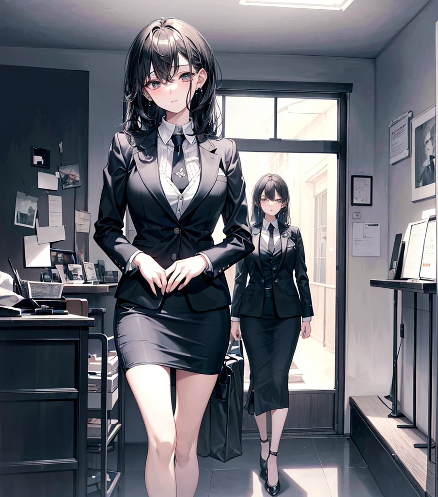 ((((absurdres, RAW photo, extremely delicate and beautiful, masterpiece, Best Quality, ultra high resolution, 32k, hyperrealistic, ultra-detailed)))), in her 20s, very Slim body, narrow waist, very small head, very small face, delicate facial features, beautiful face, beautiful eyes, ((very huge round tits)), medium hair, black hair, wavy hair, tearful mole, earring, full body shot, business suit, pencil skirt, blazer, dress shirt, tie,