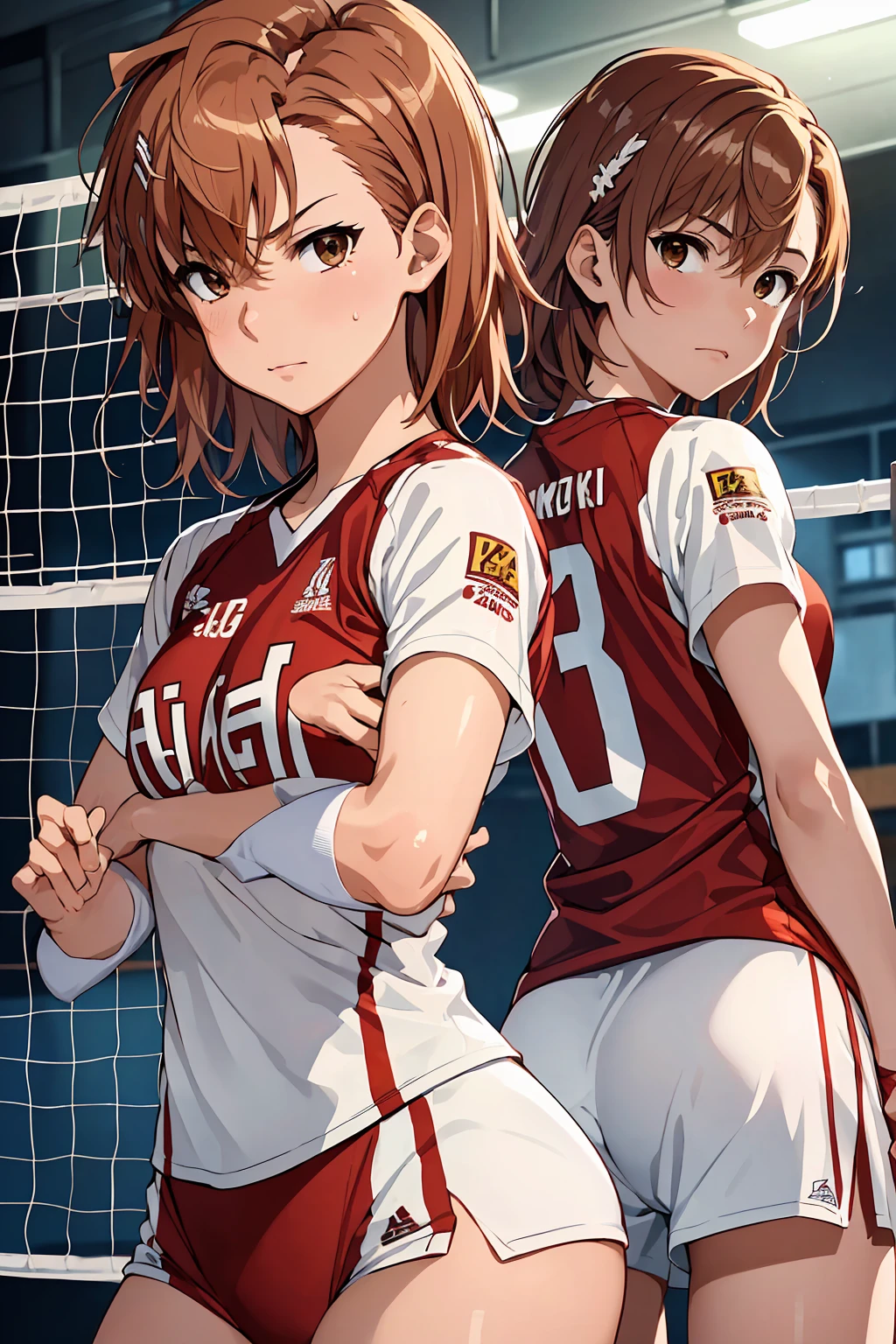 (Highest quality:1.5, High resolution, uhd, 4K, Detailed lighting, Shaders), ((Misaka Mikoto)) ,solo short hair Brown Hair Brown eyes Cool face ((Volleyball Uniforms))++ Realistic gym Sweat Super oily skin Preparing for exercise No ball ((No sleeve)) Cowboy shot Beautiful ass Side angle