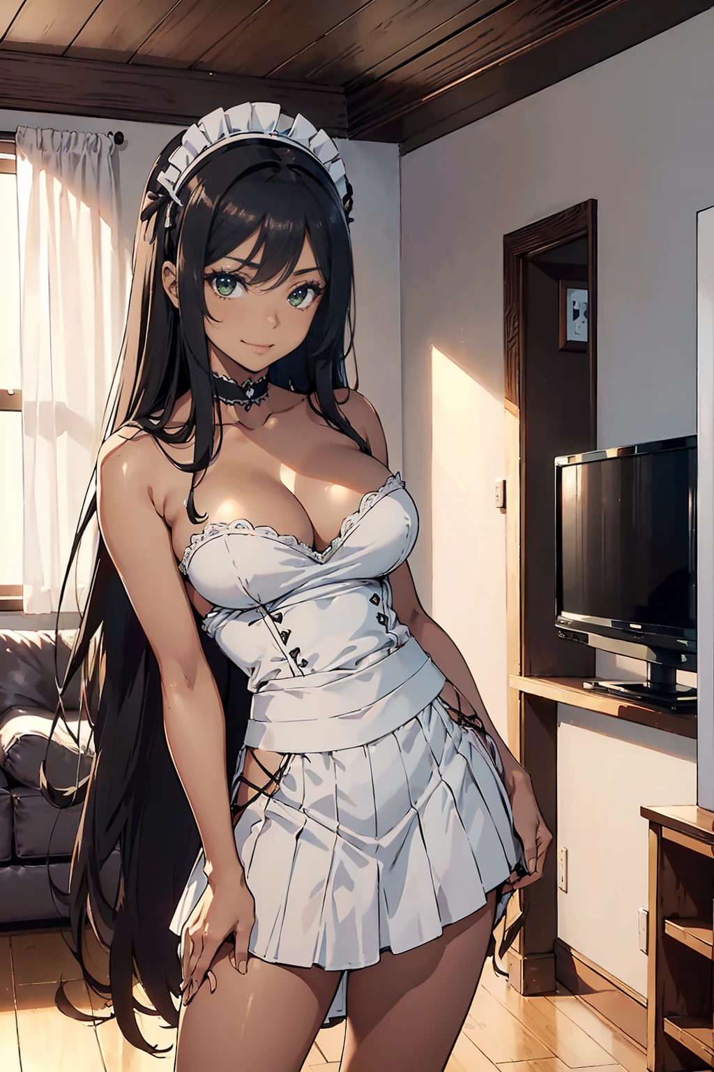 1woman(frontal shot, facing, full figure, 26years old, latina(dark tanned skin), long hair(straight, dark brown, shiny), beautiful face(big green eyes, prominent eyelashes), slim(slender build, very long legs, smooth skin), medium boobs(round, natural, firm), maid uniform(big cleavage, short skirt, revealing, no panties, black heels, maid headdress), shy smile, incredibly hot) standing straight in a living room(minimalistic, grey sofa in the background, wooden floor, white walls, TV), facing the camera, eye contact, best quality, maximum detail, detailed, anime, ecchi, hentai, high resolution