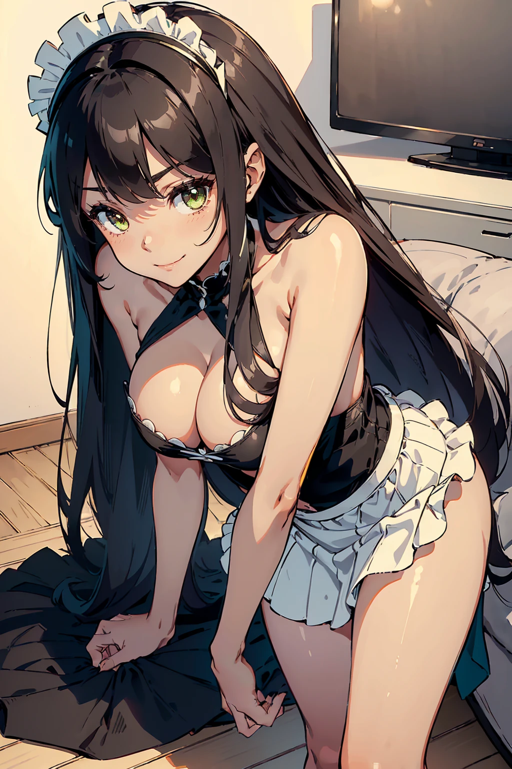 1woman(frontal shot, facing, full figure, 26years old, latina(dark tanned skin), long hair(straight, dark brown, shiny), beautiful face(big green eyes, prominent eyelashes), slim(slender build, very long legs, smooth skin), medium boobs(round, natural, firm), maid uniform(big cleavage, short skirt, revealing, no panties, black heels, maid headdress), shy smile, incredibly hot) standing straight in a living room(minimalistic, grey sofa in the background, wooden floor, white walls, TV), facing the camera, eye contact, best quality, maximum detail, detailed, anime, ecchi, hentai, high resolution