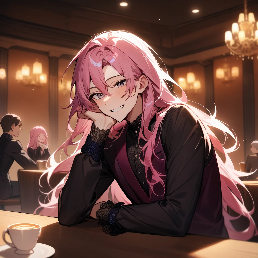 Long hair, 1boy, male focus, masterpiece, best quality, very aesthetic, absurdres, long pink hair, sitting at cafe table, cozy lighting, decadent, ballroom background, smiling, happy
