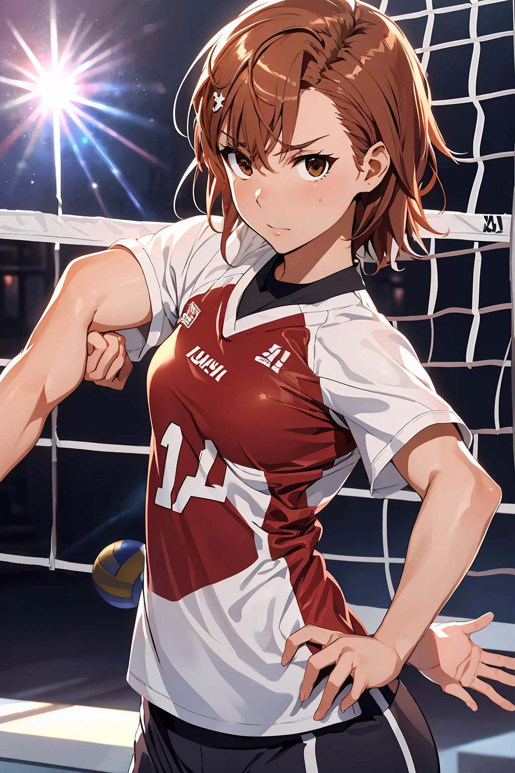 (Highest quality:1.5, High resolution, uhd, 4K, Detailed lighting, Shaders), ((Misaka Mikoto)) ,solo short hair Brown Hair Brown eyes Cool face ((Volleyball Uniforms))++ Realistic gym Sweat Super oily skin Preparing for exercise No ball ((No sleeve)) Cowboy shot Beautiful ass Side angle