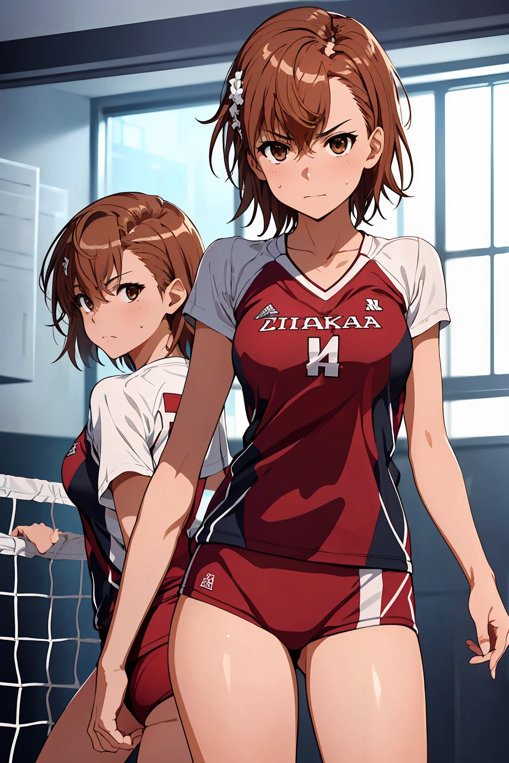 (Highest quality:1.5, High resolution, uhd, 4K, Detailed lighting, Shaders), ((Misaka Mikoto)) ,solo short hair Brown Hair Brown eyes Cool face ((Volleyball Uniforms))++ Realistic gym Sweat Super oily skin Preparing for exercise No ball ((No sleeve)) Cowboy shot Beautiful ass Side angle