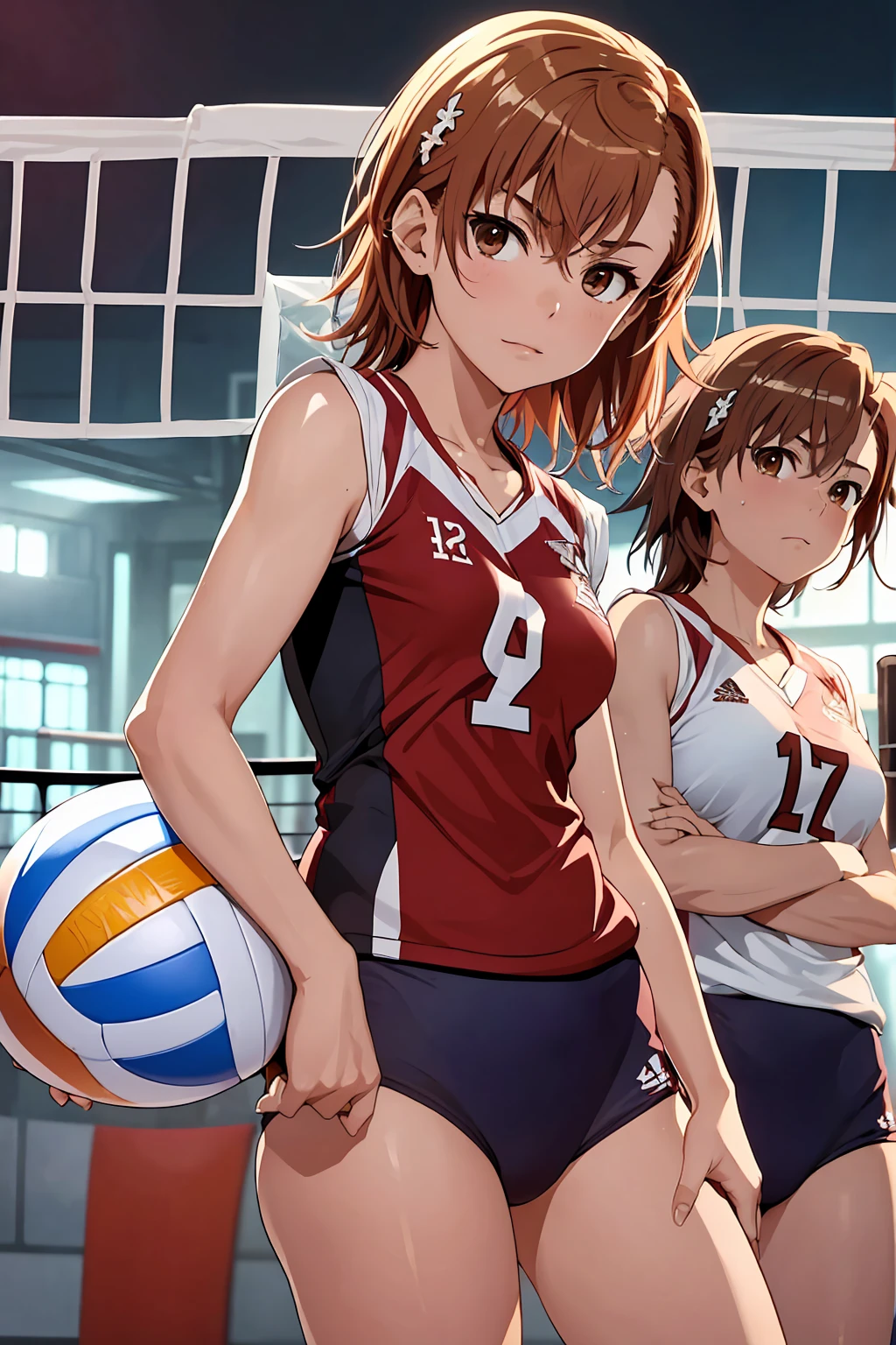 (Highest quality:1.5, High resolution, uhd, 4K, Detailed lighting, Shaders), ((Misaka Mikoto)) ,solo short hair　Brown Hair　Brown eyes　Cool face　　((Volleyball Uniforms))++　Realistic gym　 Sweat　Super oily skin　　Preparing for exercise　No ball　((No sleeve))　Cowboy shot Beautiful ass　Side angle