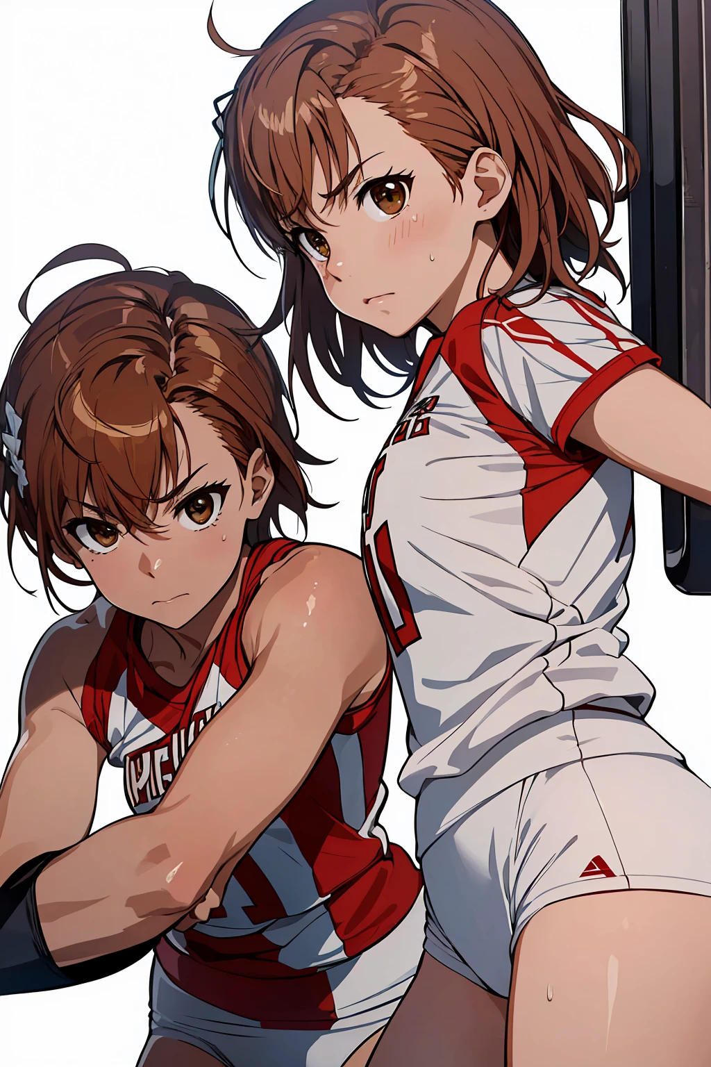 (Highest quality:1.5, High resolution, uhd, 4K, Detailed lighting, Shaders), ((Misaka Mikoto)) ,solo short hair Brown Hair Brown eyes Cool face ((Volleyball Uniforms))++ Realistic gym Sweat Super oily skin Preparing for exercise No ball ((No sleeve)) Cowboy shot Beautiful ass Side angle
