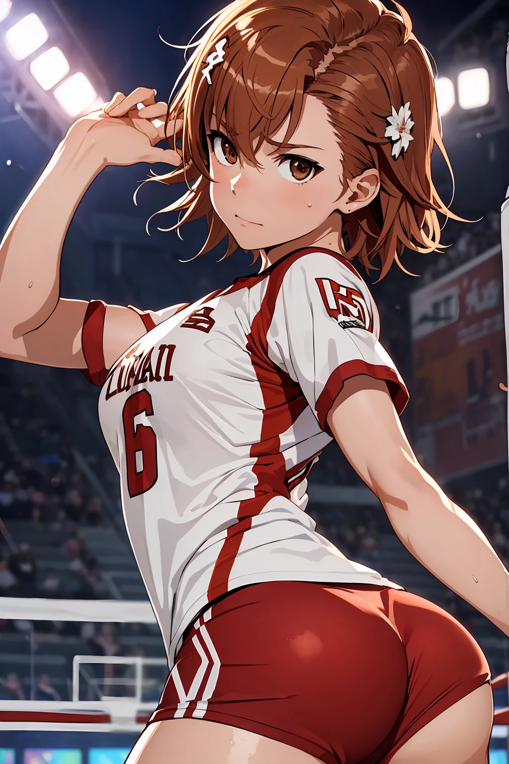 (Highest quality:1.5, High resolution, uhd, 4K, Detailed lighting, Shaders), ((Misaka Mikoto)) ,solo short hair　Brown Hair　Brown eyes　Cool face　　((Volleyball Uniforms))++　Realistic gym　 Sweat　Super oily skin　　Preparing for exercise　No ball　((No sleeve))　Cowboy shot Beautiful ass　Side angle