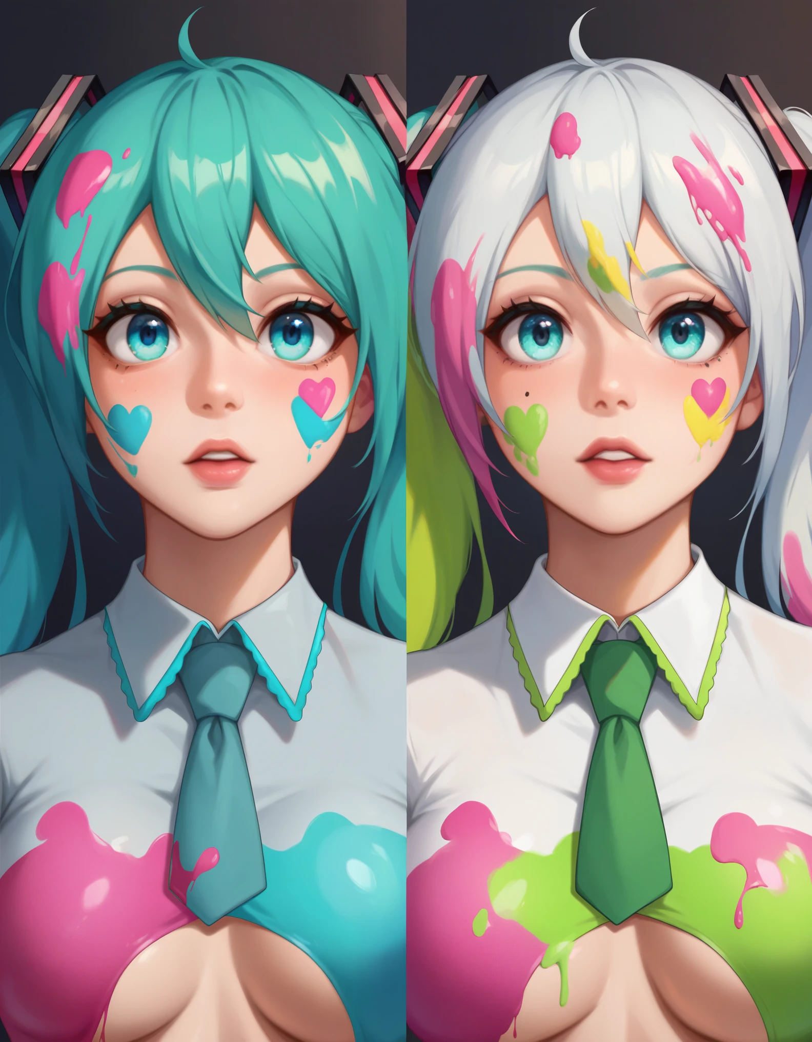 score_9, score_8_up, score_7_up, score_6_up, 1girl, hatsune miku, (before and after paint bukkake:1.2), (excessive paint dump:1.4), upper body, (completely covered in paint:1.2), projectile paint, miku gets covered in paint, multicolored paint, abstract background, excessive paint splash, thick goopy trails of paint drooping down on miku from above,
