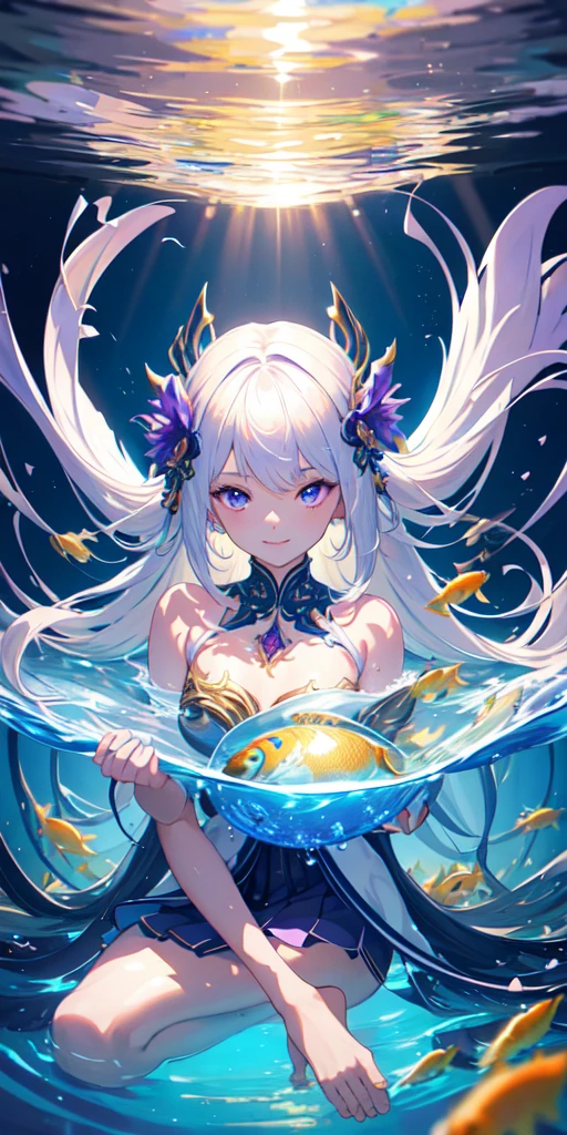 [(Transparent background:1.5)::5],(((masterpiece))),(((best quality))),(((extremely detailed))),illustration, 1girl,solo,mysterious,vivid color,shiny, nude, underwater transparent sealed hemispherical glass dome, (white hair),(purple eyes), full body,barefoot,long hair tranquil nature, koi,Underwater, Dome,close up,Dynamic actions,Lens perspective,(((Box composition))),sit cross-legged and lean against the bookshel, volumetric lighting, multi-color eyes, detailed eyes, hyper detailed,light smile, highly detailed, beautiful, small details, ultra detailed, best quality, intricate, 4k, 8k, trending on artstation, good anatomy, beautiful lighting, award-winning,
