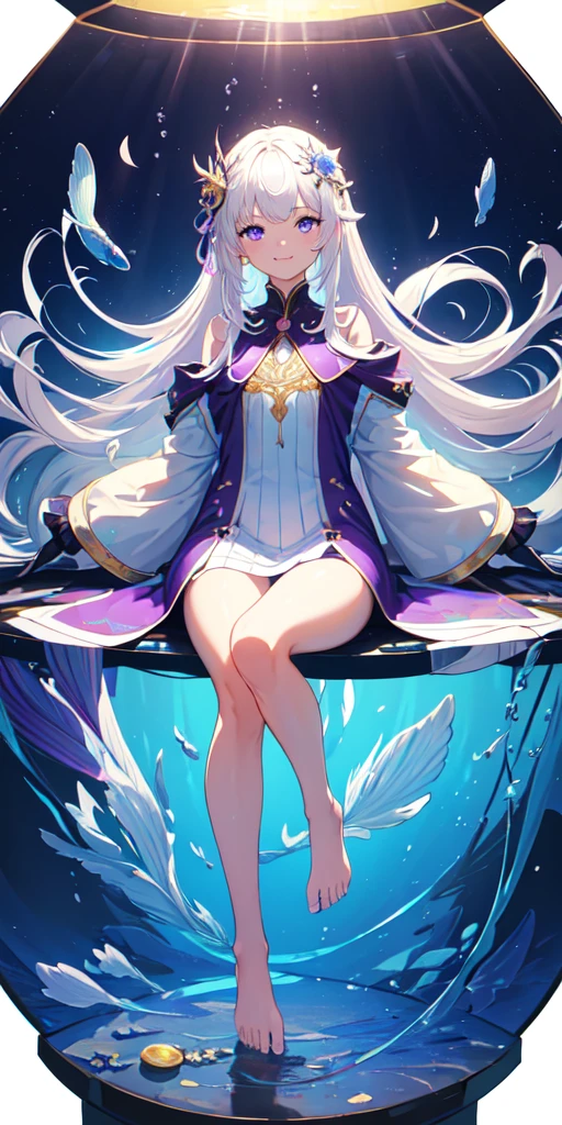 [(Transparent background:1.5)::5],(((masterpiece))),(((best quality))),(((extremely detailed))),illustration, 1girl,solo,mysterious,vivid color,shiny, underwater transparent sealed hemispherical glass dome, (white hair),(purple eyes), full body,barefoot,long hair tranquil nature, koi,Underwater, Dome,close up,Dynamic actions,Lens perspective,(((Box composition))),sit cross-legged and lean against the bookshel, volumetric lighting, multi-color eyes, detailed eyes, hyper detailed,light smile, highly detailed, beautiful, small details, ultra detailed, best quality, intricate, 4k, 8k, trending on artstation, good anatomy, beautiful lighting, award-winning,