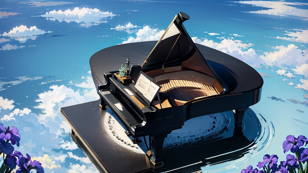 A large black grand piano placed beside a small stream lined with irises、White clouds in blue sky、A typical grand piano