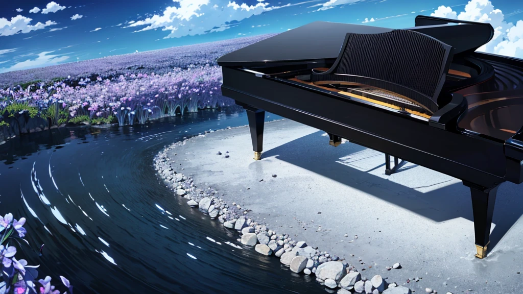 A large black grand piano placed beside a small stream lined with irises、White clouds in blue sky、A typical grand piano