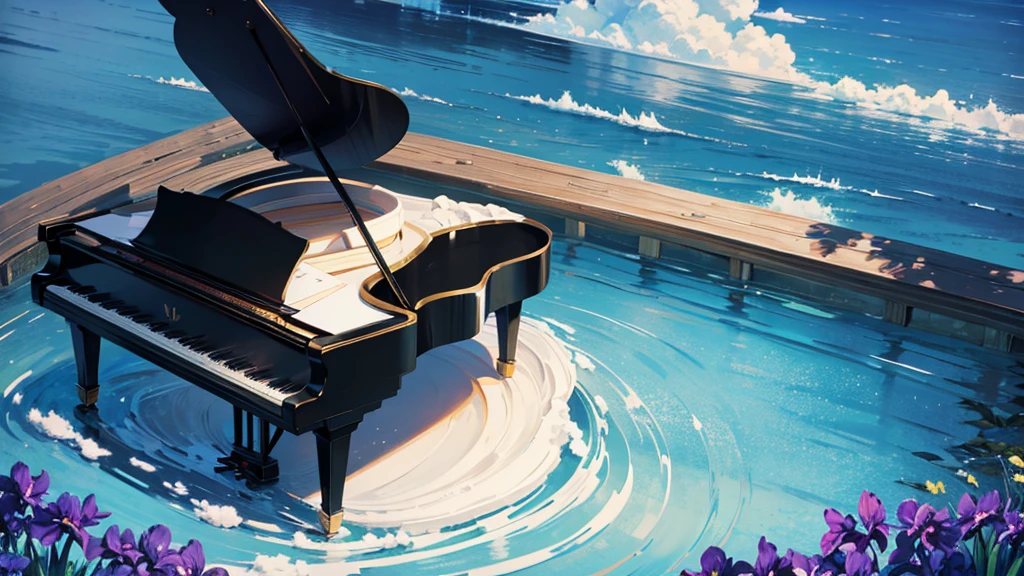 A large black grand piano placed beside a small stream lined with irises、White clouds in blue sky、A typical grand piano