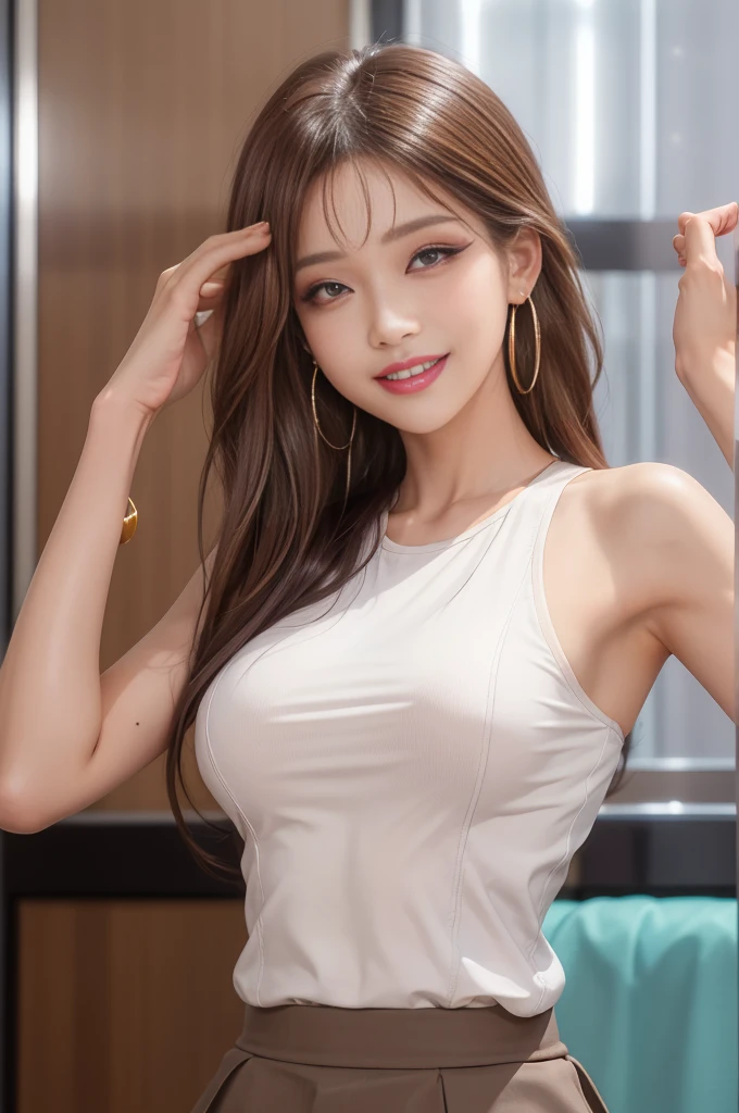 Highest quality, expensive_solve, clear_image, Detailed Background ,girl, RisaHamazak1, Brown Hair, Long Hair, Brown eyes, Hoop Earrings, amount, Large Breasts, Tank top, Sleeveless shirt, Brown Skirt, smile, View your audience, 1人のgirl, alone, Trance、幸せなsmile、Sexy Face、(makeup:1.3)