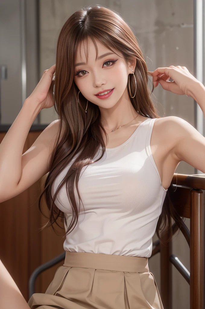 Highest quality, expensive_solve, clear_image, Detailed Background ,girl, RisaHamazak1, Brown Hair, Long Hair, Brown eyes, Hoop Earrings, amount, Large Breasts, Tank top, Sleeveless shirt, Brown Skirt, smile, View your audience, 1人のgirl, alone, Trance、幸せなsmile、Sexy Face、(makeup:1.3)