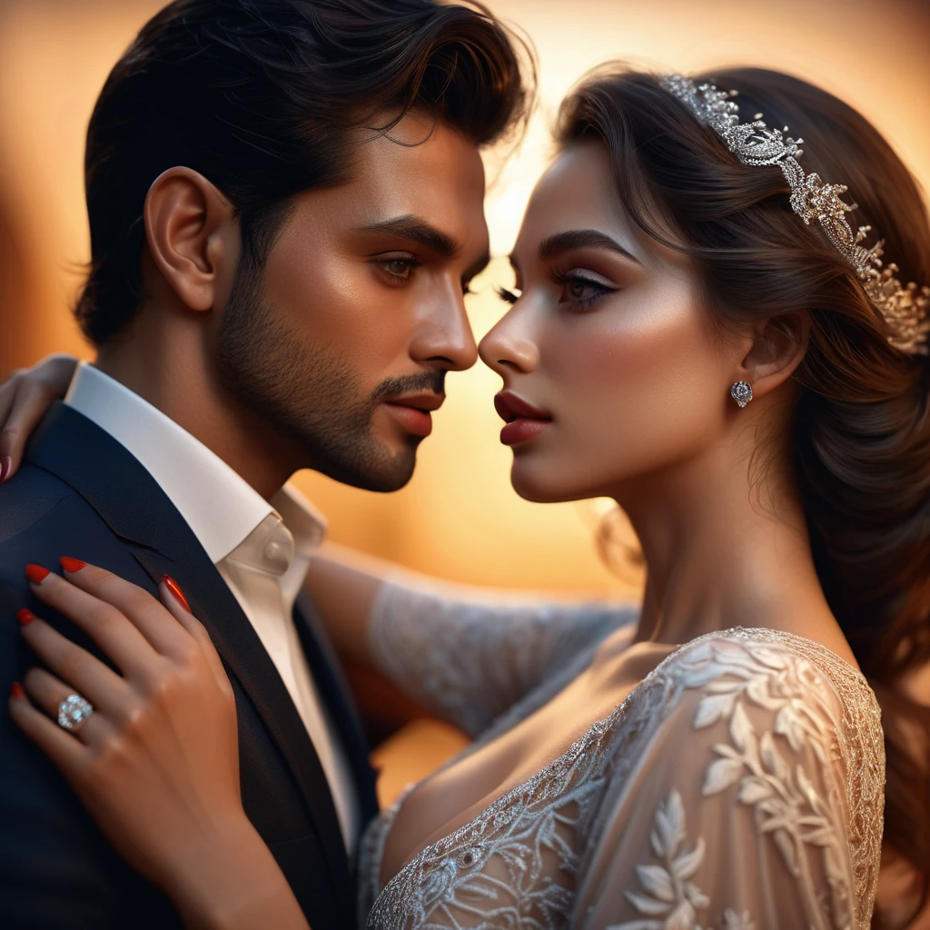 a romantic couple, beautiful detailed eyes, beautiful detailed lips, extremely detailed face and body, intricate details, soft lighting, warm colors, cinematic lighting, photorealistic, masterpiece, 8k, high quality, trending on artstation, chiaroscuro, dramatic pose, elegant, sensual, passionate, (best quality,4k,8k,highres,masterpiece:1.2),ultra-detailed,(realistic,photorealistic,photo-realistic:1.37)