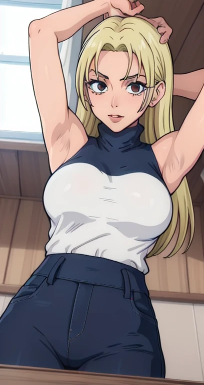 Yuki Tsukumo, 1girl, Adult Woman, 50 years, detailed eyes, large breasts, blonde, long hair, female focus, solo, sleeveless turtleneck, facing viewer, arms up, armpits visible, detailed armpits