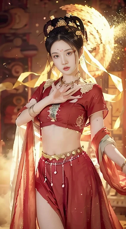 (8k, RAW photo, best quality, masterpiece:1.2), (realistic, photo-realistic:1.4), (extremely detailed CG unity 8k wallpaper), (1 girl:1.5), Western beauty, (Red clothes: 1.4), red spots on forehead, pale skin, blush, big eyes, full body, thighs, open navel, gold waist chain, gold jewelry, flying ribbons, particles, background is Loulan ancient city, ancient city wall, desert, dance, dunhuang_dress, dunhuang_style,