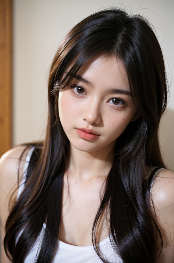 A photorealistic portrait of a 23-year-old Korean girl who has heart v shaped face with long, flowing grey hair and striking round blue eyes. She should have a natural, approachable expression and be illuminated by soft, golden-hour sunlight. The background should be a scenic indoor setting, perhaps a cool room or bedroom. Capture this image with a high-resolution photograph using an 85mm lens for a flattering perspective.