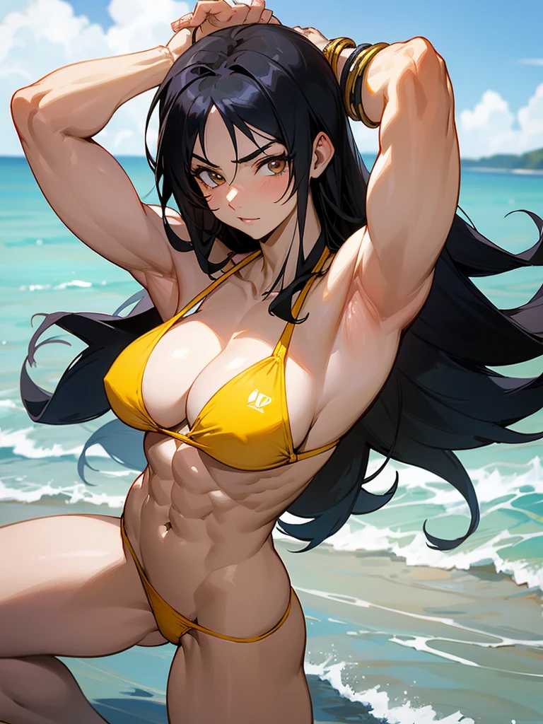 18 year old anime muscle mommy with black hair and pale skin in a yellow thong bikini flexing her muscles with her hands behind her head so they are not seen to show off her abs on a white sanded beach, highly detailed