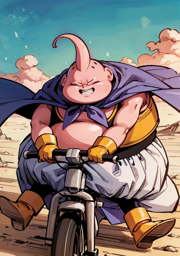majin buu, fat buu, solo, open mouth, eating, lot of food, sitting, table, stuffing food in mouth, 