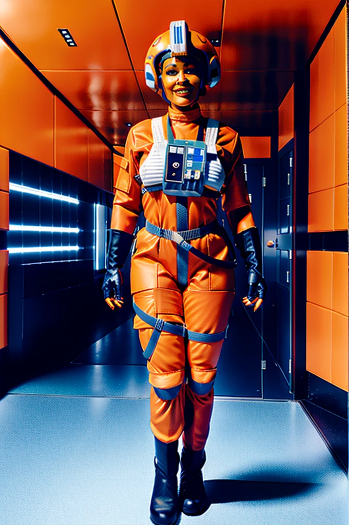 twilek in rebel pilot suit,orange skin,futuristic corridor,tech,space base