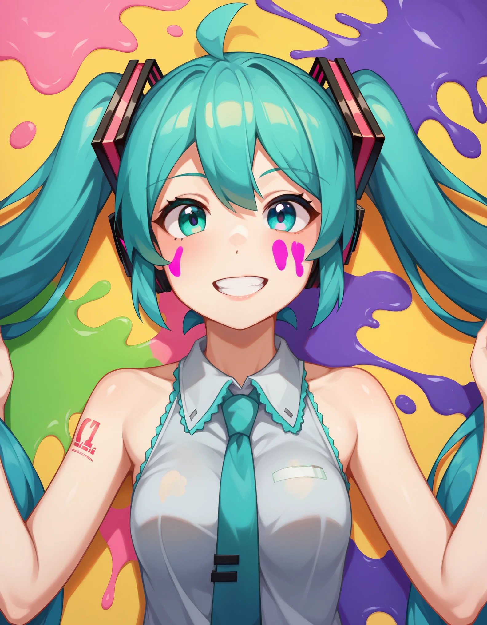 score_9, score_8_up, score_7_up, score_6_up, 1girl, hatsune miku, (before and after paint bukkake:1.2), (excessive paint dump:1.4), upper body, (completely covered in paint:1.2), projectile paint, miku gets covered in paint, multicolored paint, abstract background, excessive paint splash, thick goopy trails of paint drooping down on miku from above,
