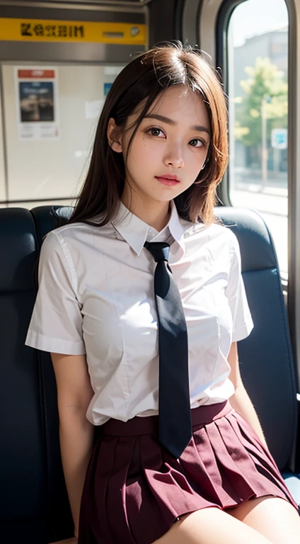 (masterpiece, best quality:1.2), 8k, 15yo, 85mm, official art, raw photo, absurdres, white dress shirt, pretty face, close up, upper body, violaceaess, gardeniass, beautiful girl, , (navy pleated skirt:1.1), cinch waist, thighs, short sleeve, in train, sitting on bench seat, looking at viewer, no makeup, (smile:0.4), film grain, chromatic aberration, sharp focus, facelight, clear lighting, teen, detailed face, bokeh background, (dark red necktie:1.1)