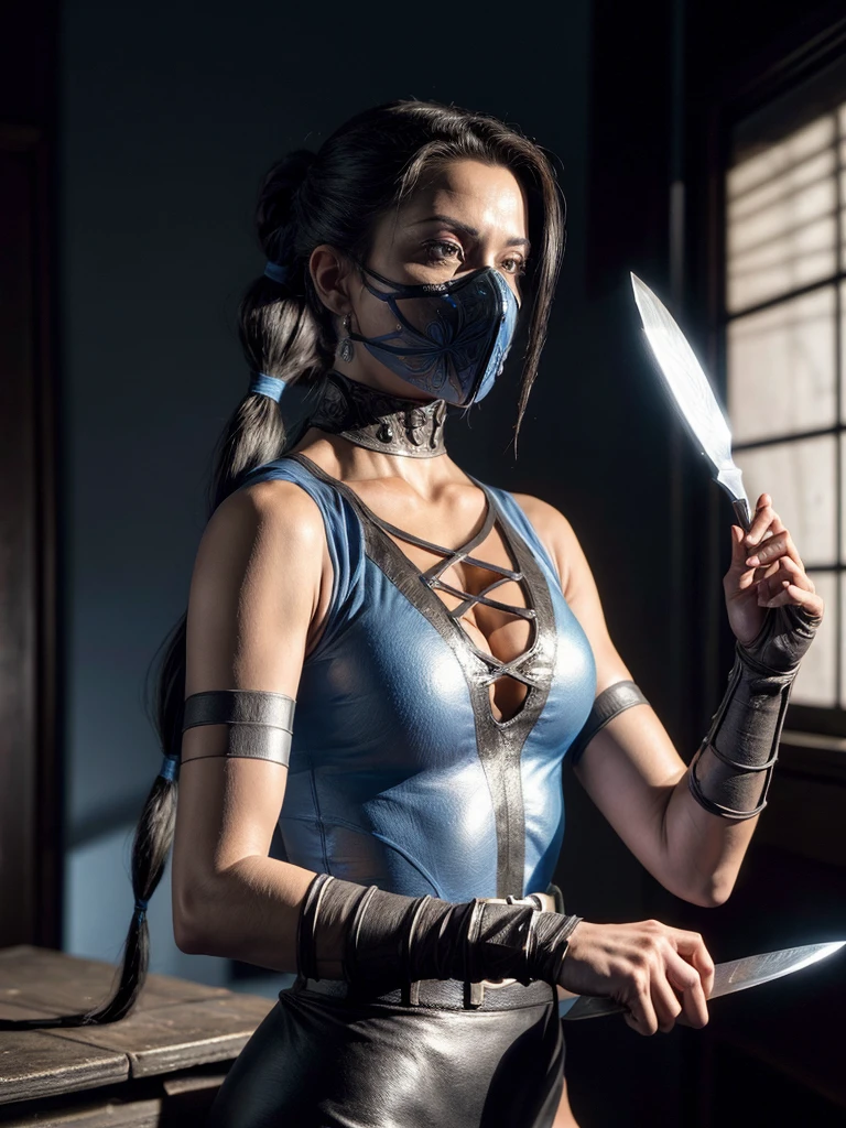 /imagine prompt: Kitana game Mortal Kombat::3, wearing a blue leotard, mouth mask, black eyes, long black hair, ponytail, alone, sun, blue sky, extremely detailed and beautiful, with fans in her hands with knives in them tips :: --quality .5 8K, best quality, Artwork, illustration, extremely delicate and beautiful, Very detailed, CG, wallpaper, (real, photo-real: 1.37), incredible, science fiction, exquisite details , electroplated silver
best quality, realistic, photorealistic, (intricate details: 1,2), (delicate detailed), (cinematic light), clear line, sharp focus, realistic face, detailed face
Unity 8k wallpaper, ultra-high resolution, (photorealistic: 1.4), looking at the viewer