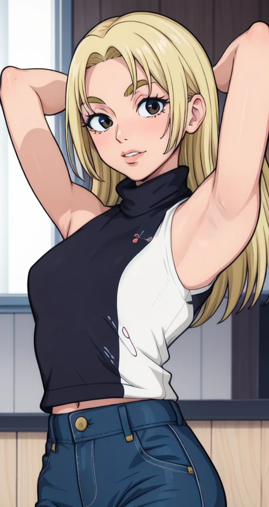 Yuki Tsukumo, 1girl, Adult Woman, 50 years , blonde, long hair, female focus, solo, sleeveless turtleneck, facing viewer, arms up, armpits visible, detailed armpits