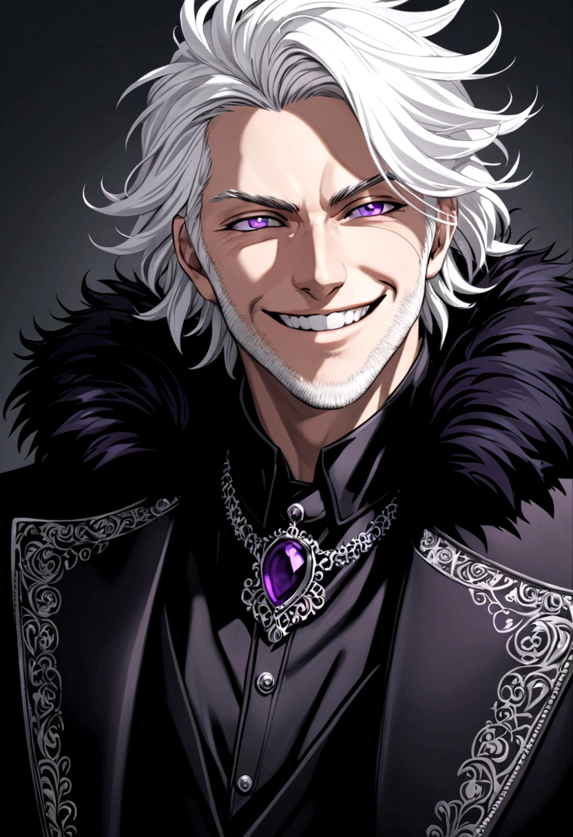white haired man. purple eyes. wearing a black jacket with fur on the collar. grinning