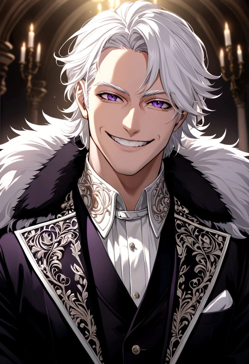 white haired man. purple eyes. wearing a black jacket with fur on the collar. grinning
