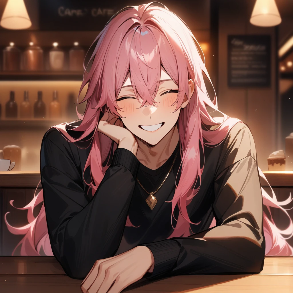Long hair, 1boy, male focus, masterpiece, best quality, very aesthetic, absurdres, long pink hair, sitting at cafe table, cozy lighting, decadent, cafe background, smiling, happy, good hands, detailed, high quality