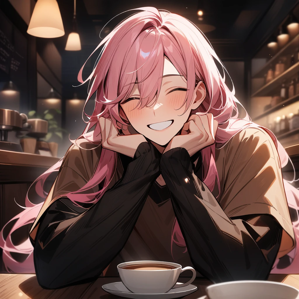 Long hair, 1boy, male focus, masterpiece, best quality, very aesthetic, absurdres, long pink hair, sitting at cafe table, cozy lighting, decadent, cafe background, smiling, happy, good hands, detailed, high quality