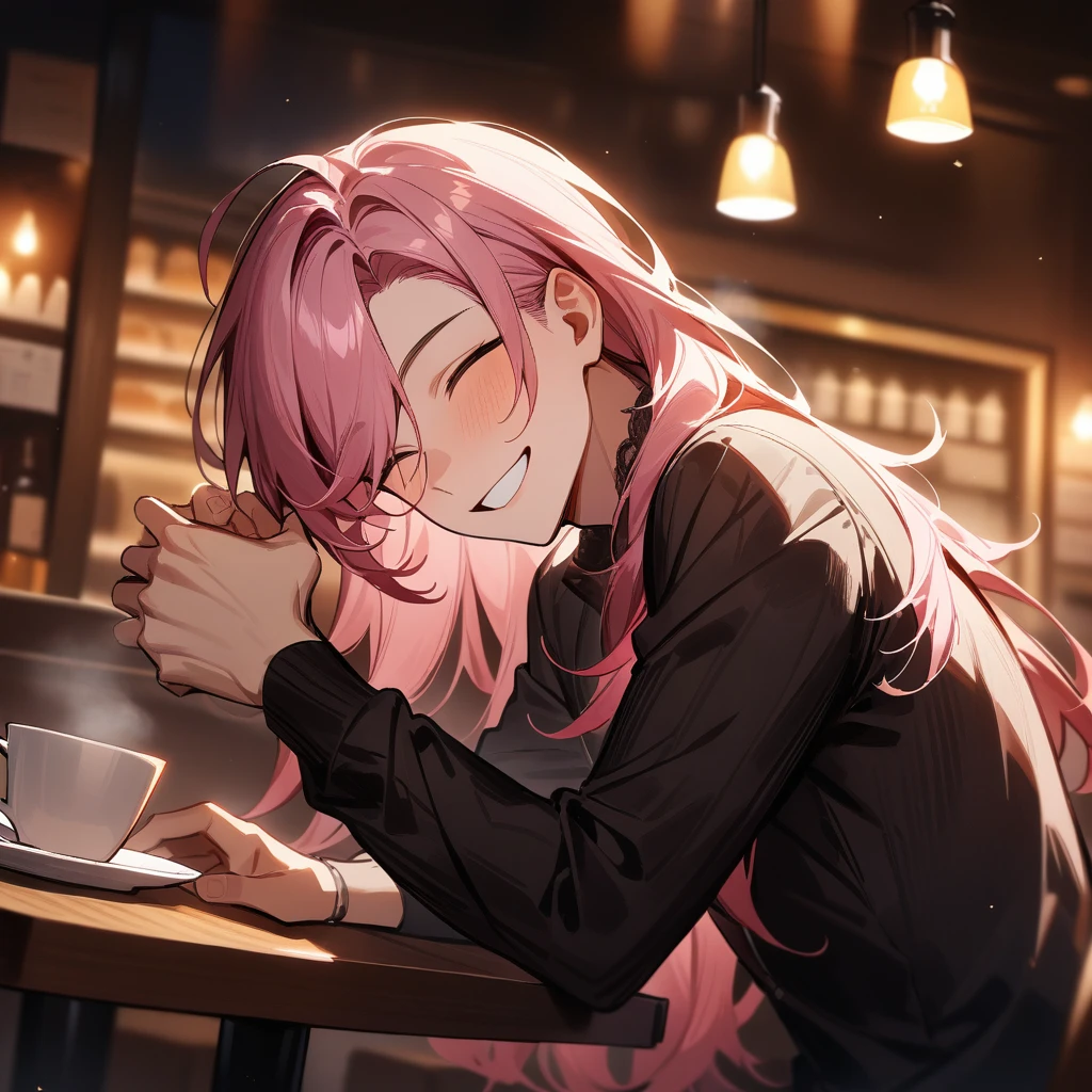 Long hair, 1boy, male focus, masterpiece, best quality, very aesthetic, absurdres, long pink hair, sitting at cafe table, cozy lighting, decadent, cafe background, smiling, happy, good hands, detailed, high quality