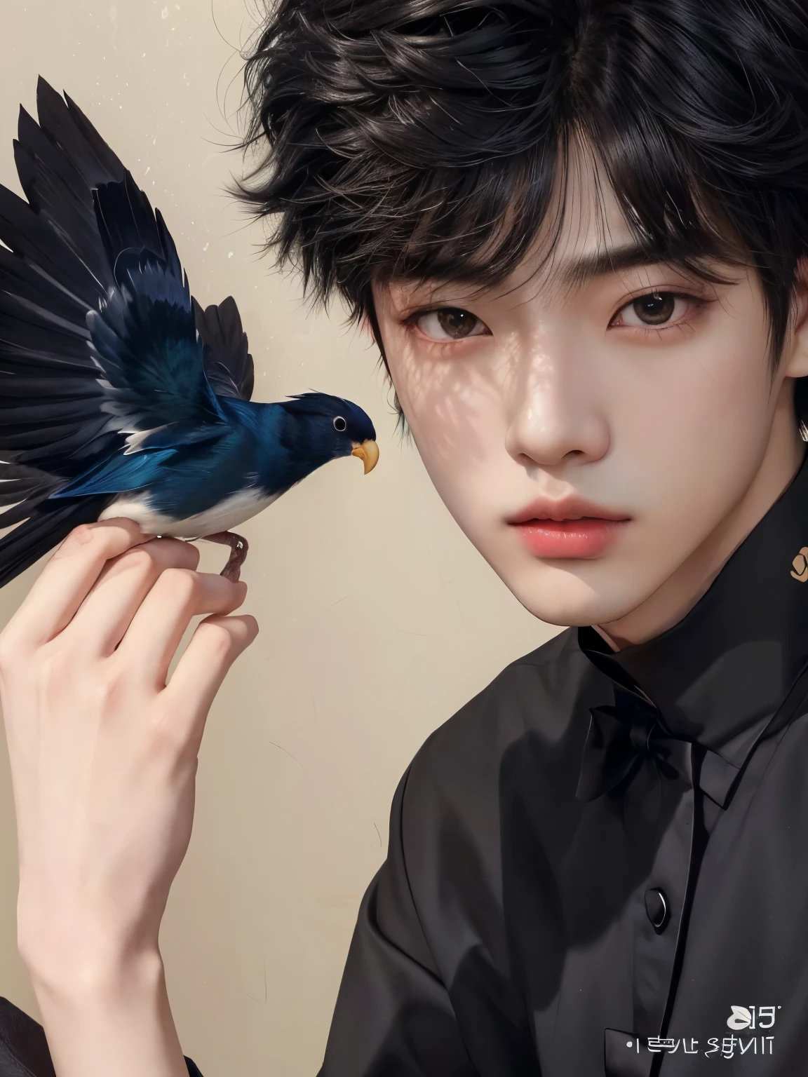 there is a young man holding a bird in his hand, wicked ulzzang, kim taejin, handsome japanese demon boy, with his pet bird, jinyoung shin, kim doyoung, jinyoung shin aesthetic, beautiful androgynous prince, delicate androgynous prince, cai xukun, Sakimichan, inspired by Yanjun Cheng, hong june hyung