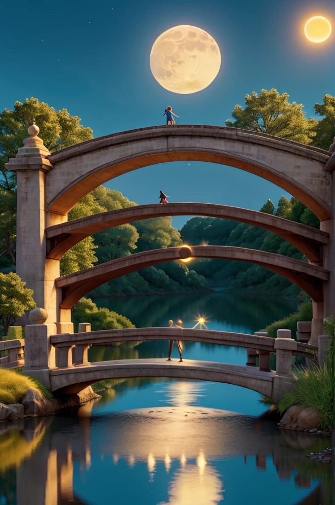 Bridge with sun going away, reflection of the sun in the water and the moon rising, with one jumping with a moon necklace