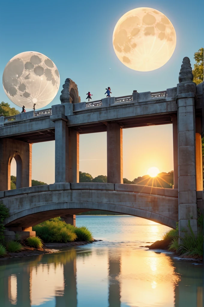 Bridge with sun going away, reflection of the sun in the water and the moon rising, with one jumping with a moon necklace