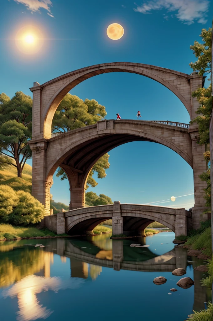 Bridge with sun going away, reflection of the sun in the water and the moon rising, with one jumping with a moon necklace