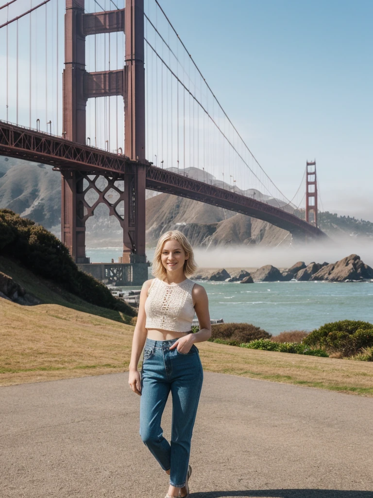 her name is Elle, high quality, 1girl, ((20-year-old fit Caucasian woman)), ((20 years old)), ((fit)), ((pale skin)), short bob blonde hair , wearing Crochet Crop Top + High-Waisted Linen Pants, pose: standing, background: Capture the iconic view of San Francisco's Golden Gate Bridge, shrouded in morning fog, with the city's rolling hills and colorful Victorian houses in the background.