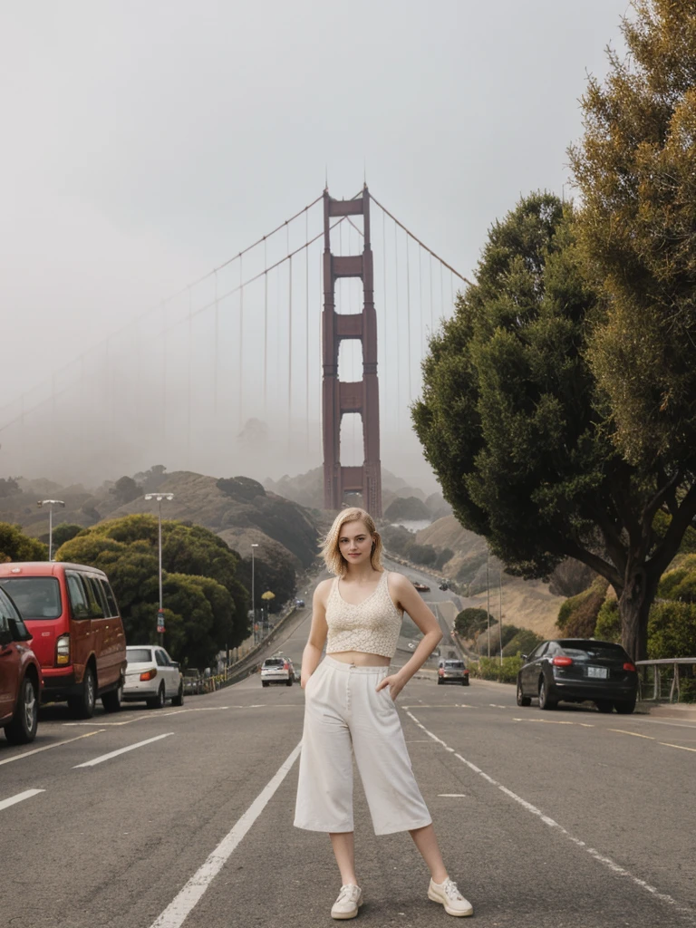her name is Elle, high quality, 1girl, ((20-year-old fit Caucasian woman)), ((20 years old)), ((fit)), ((pale skin)), short bob blonde hair , wearing Crochet Crop Top + High-Waisted Linen Pants, pose: standing, background: Capture the iconic view of San Francisco's Golden Gate Bridge, shrouded in morning fog, with the city's rolling hills and colorful Victorian houses in the background.