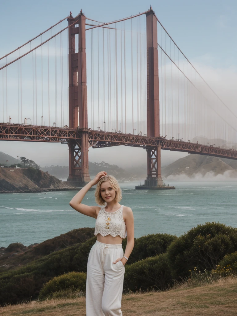 her name is Elle, high quality, 1girl, ((20-year-old fit Caucasian woman)), ((20 years old)), ((fit)), ((pale skin)), short bob blonde hair , wearing Crochet Crop Top + High-Waisted Linen Pants, pose: standing, background: Capture the iconic view of San Francisco's Golden Gate Bridge, shrouded in morning fog, with the city's rolling hills and colorful Victorian houses in the background.