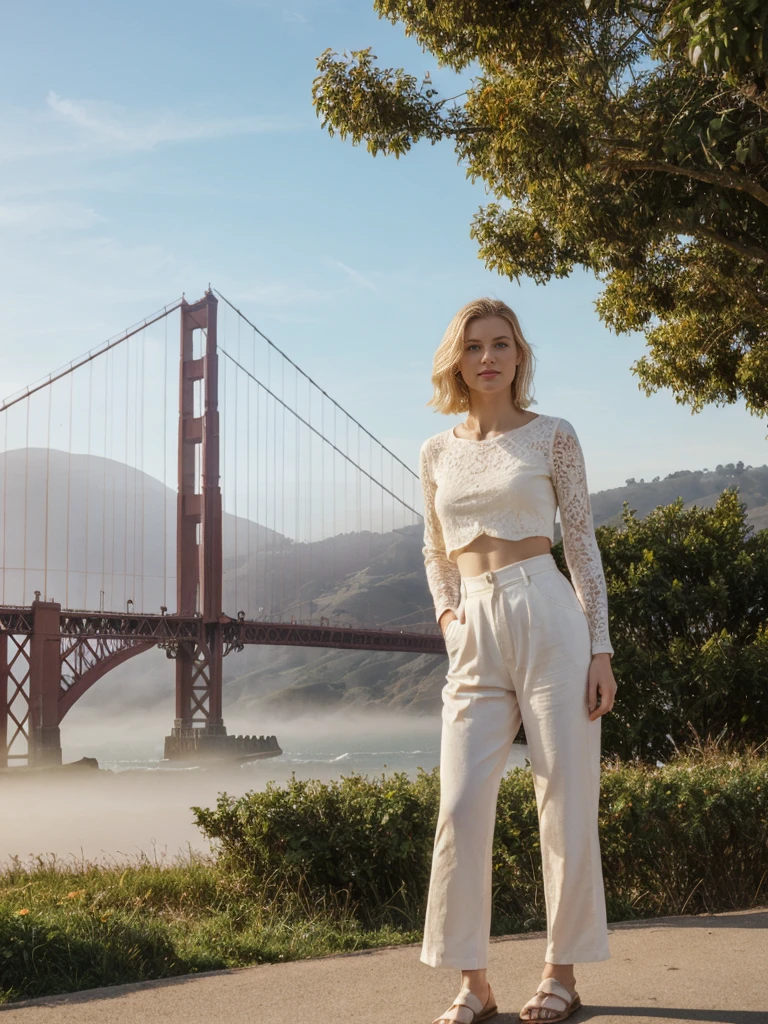 her name is Elle, high quality, 1girl, ((20-year-old fit Caucasian woman)), ((20 years old)), ((fit)), ((pale skin)), short bob blonde hair , wearing Crochet Crop Top + High-Waisted Linen Pants, pose: standing, background: Capture the iconic view of San Francisco's Golden Gate Bridge, shrouded in morning fog, with the city's rolling hills and colorful Victorian houses in the background.