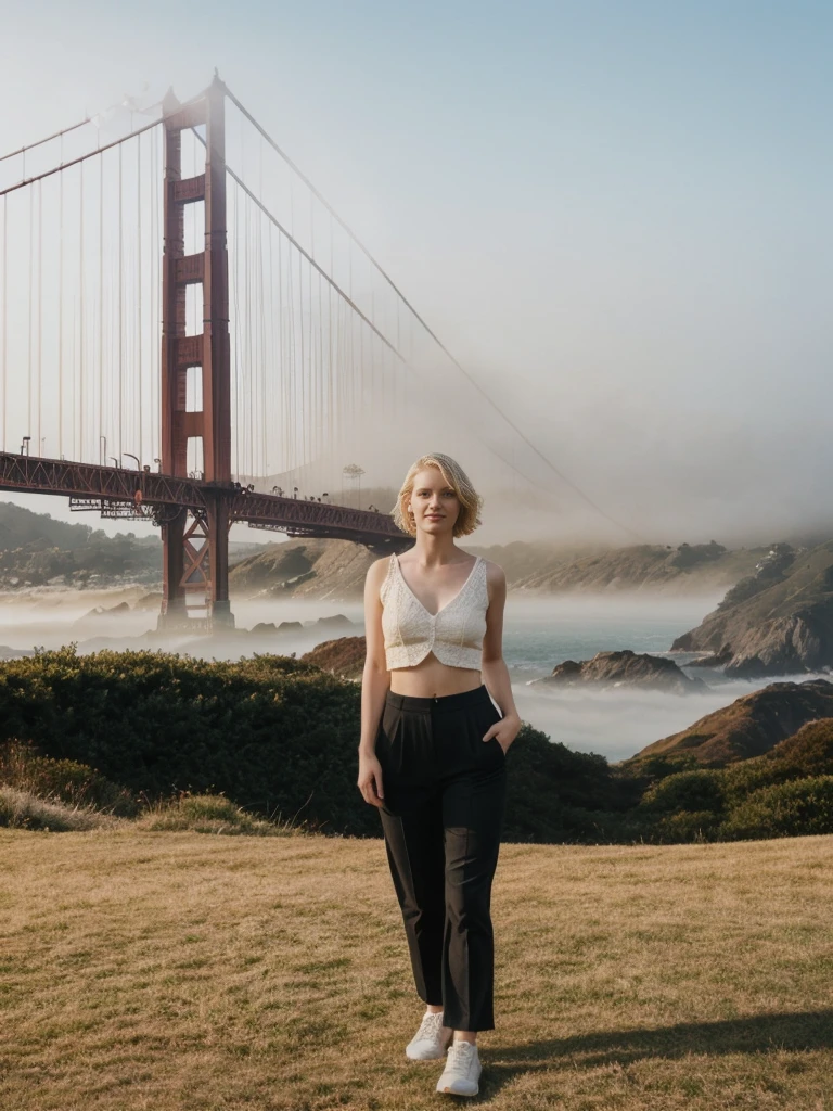 her name is Elle, high quality, 1girl, ((20-year-old fit Caucasian woman)), ((20 years old)), ((fit)), ((pale skin)), short bob blonde hair , wearing Crochet Crop Top + High-Waisted Linen Pants, pose: standing, background: Capture the iconic view of San Francisco's Golden Gate Bridge, shrouded in morning fog, with the city's rolling hills and colorful Victorian houses in the background.