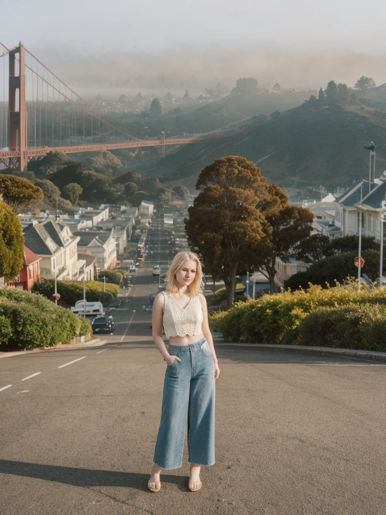 her name is Elle, high quality, 1girl, ((20-year-old fit Caucasian woman)), ((20 years old)), ((fit)), ((pale skin)), short bob blonde hair , wearing Crochet Crop Top + High-Waisted Linen Pants, pose: standing, background: Capture the iconic view of San Francisco's Golden Gate Bridge, shrouded in morning fog, with the city's rolling hills and colorful Victorian houses in the background.