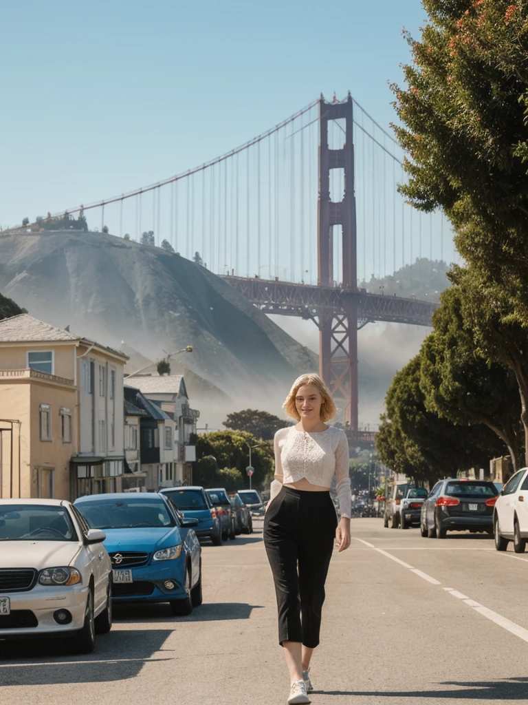 her name is Elle, high quality, 1girl, ((20-year-old fit Caucasian woman)), ((20 years old)), ((fit)), ((pale skin)), short bob blonde hair , wearing Crochet Crop Top + High-Waisted Linen Pants, pose: standing, background: Capture the iconic view of San Francisco's Golden Gate Bridge, shrouded in morning fog, with the city's rolling hills and colorful Victorian houses in the background.