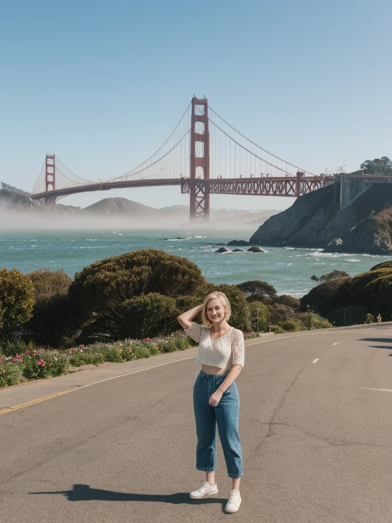 her name is Elle, high quality, 1girl, ((20-year-old fit Caucasian woman)), ((20 years old)), ((fit)), ((pale skin)), short bob blonde hair , wearing Crochet Crop Top + High-Waisted Linen Pants, pose: standing, background: Capture the iconic view of San Francisco's Golden Gate Bridge, shrouded in morning fog, with the city's rolling hills and colorful Victorian houses in the background.