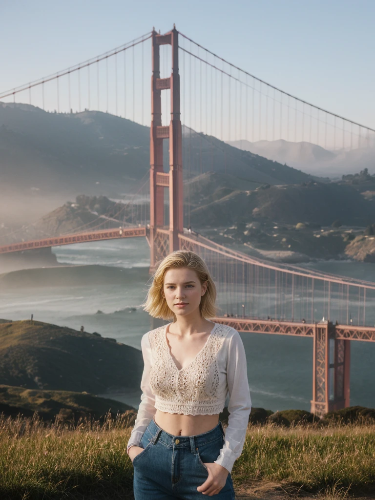 her name is Elle, high quality, 1girl, ((20-year-old fit Caucasian woman)), ((20 years old)), ((fit)), ((pale skin)), short bob blonde hair , wearing Crochet Crop Top + High-Waisted Linen Pants, pose: standing, background: Capture the iconic view of San Francisco's Golden Gate Bridge, shrouded in morning fog, with the city's rolling hills and colorful Victorian houses in the background.